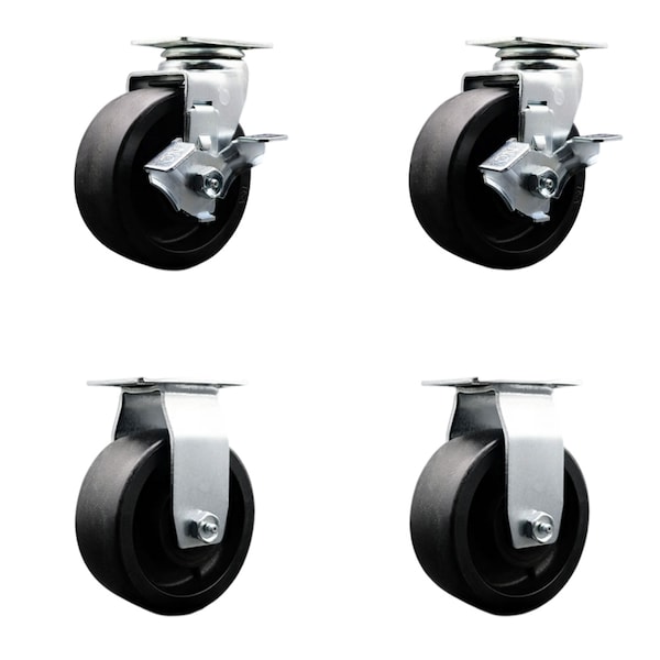 5 Inch Glass Filled Nylon Caster Set with Ball Bearings 2 Brakes 2 Rigid SCC